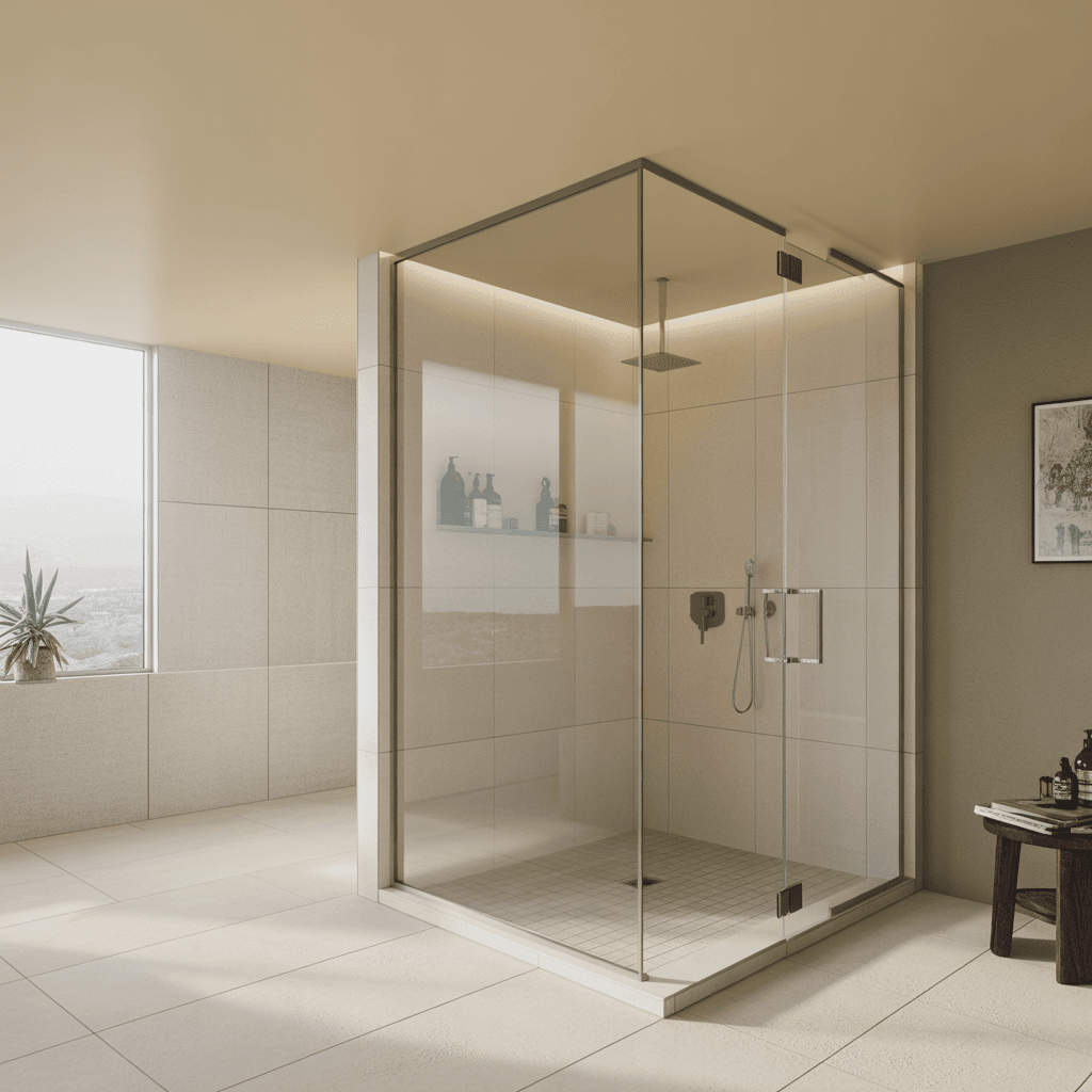 Frameless glass shower in a modern luxury bathroom