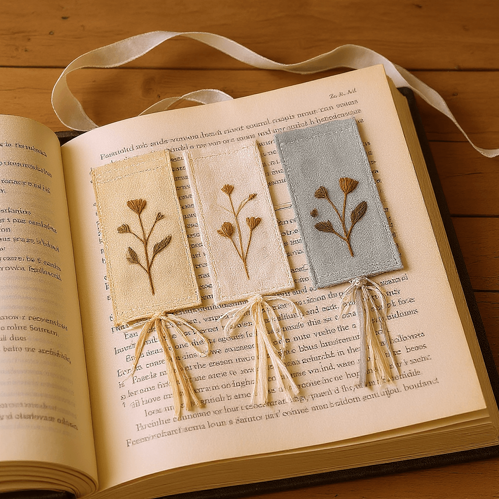 Handmade DIY soft fabric decor bookmarks with pressed flowers and embroidered details for poetcore reading
