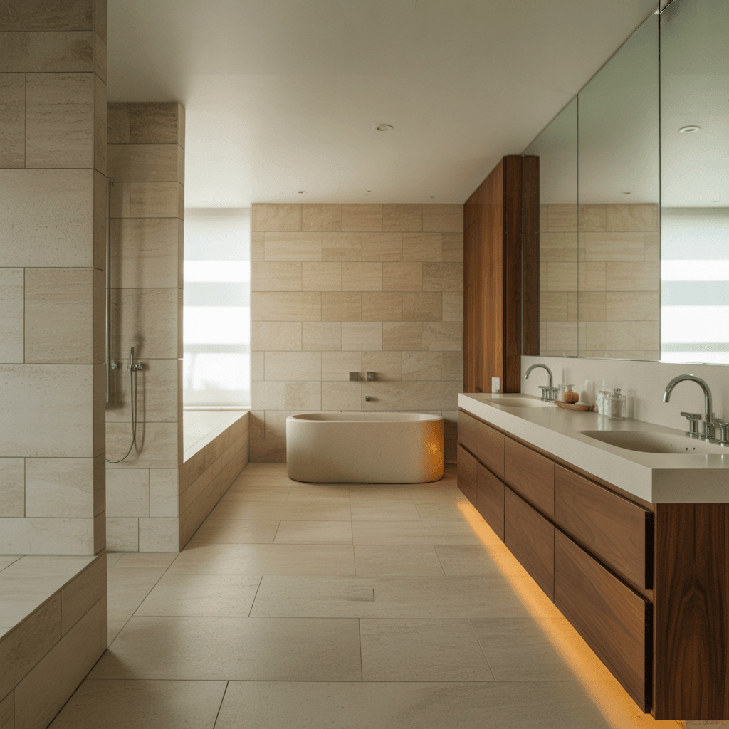 Layered lighting in a modern luxury bathroom
