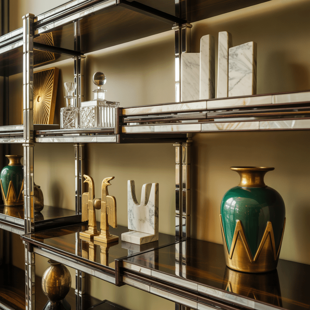 Layered materials in modern Art Deco shelf styling ideas