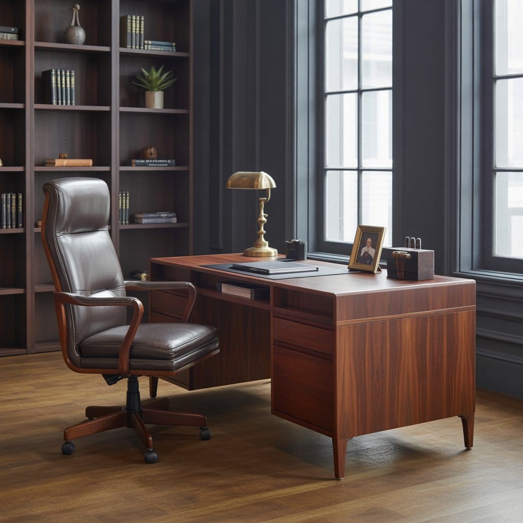 Masculine home office achieved through decluttering