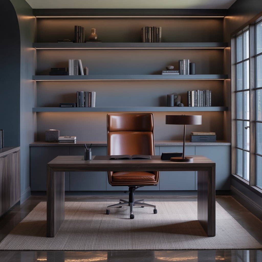 Masculine home office design with limited color palette