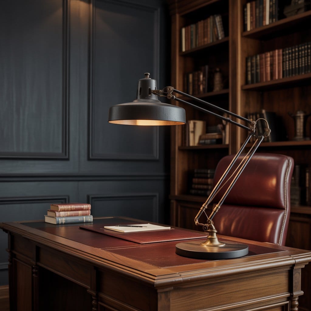 Masculine home office with bold desk lamp, dark tones, focused lighting