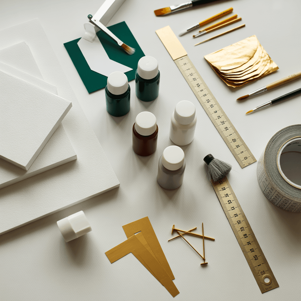 Materials used for DIY geometric wall decor with an Art Deco twist
