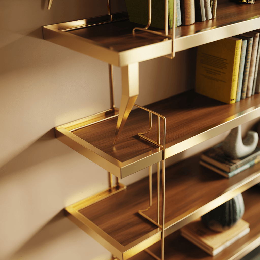 Metallic accents in modern Art Deco shelf styling