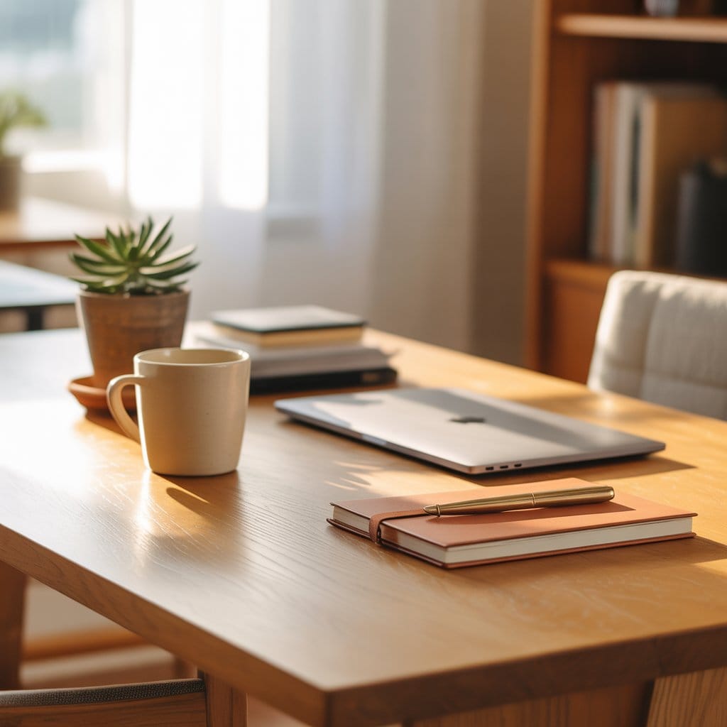 Minimal cozy home office desk styling