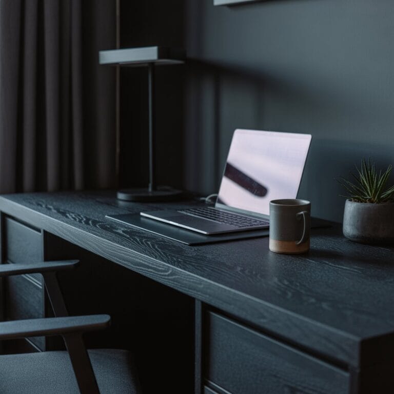 Minimal moody home office desk setup