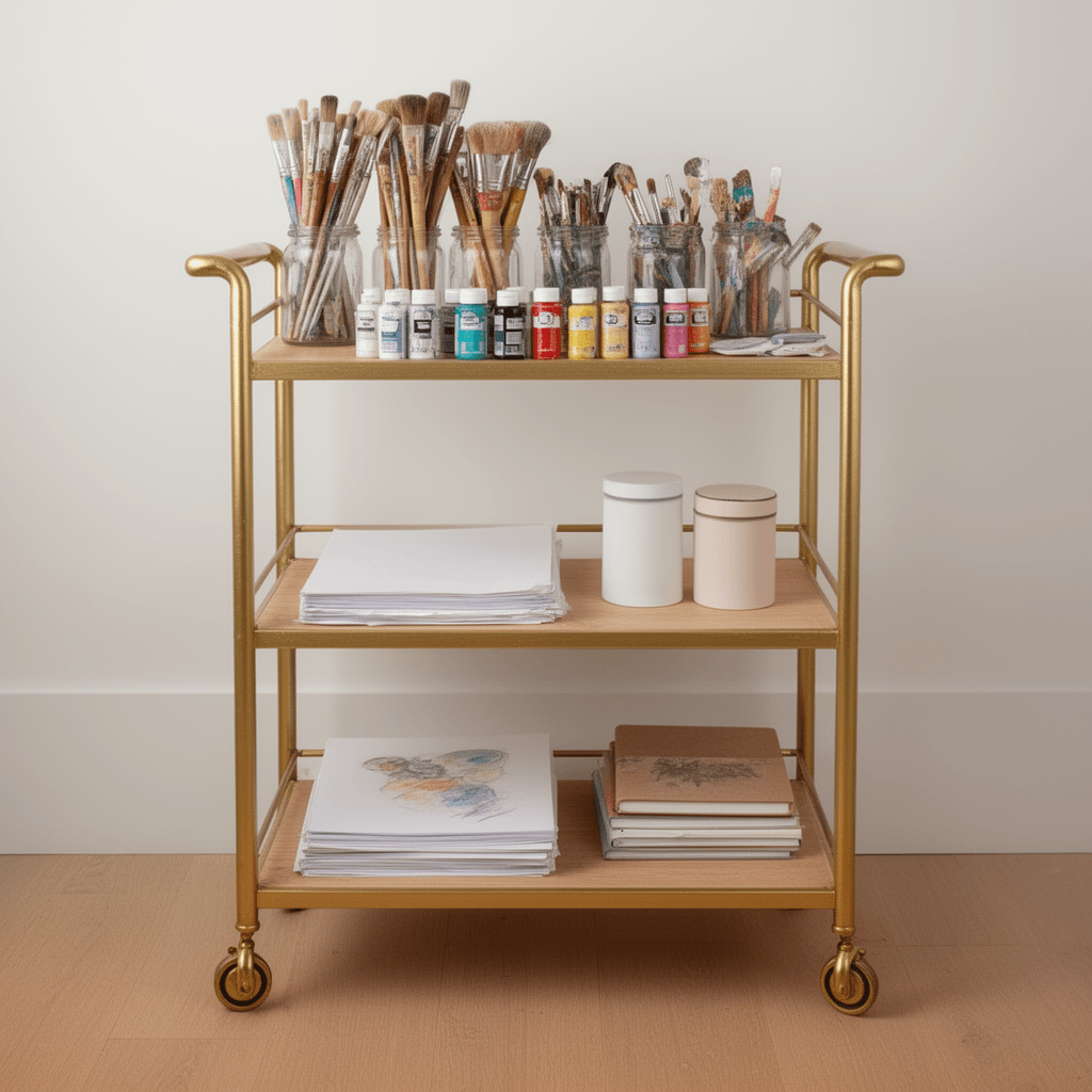 Mobile home organization ideas featuring rolling cart for flexible creative workspace and portable supply storage