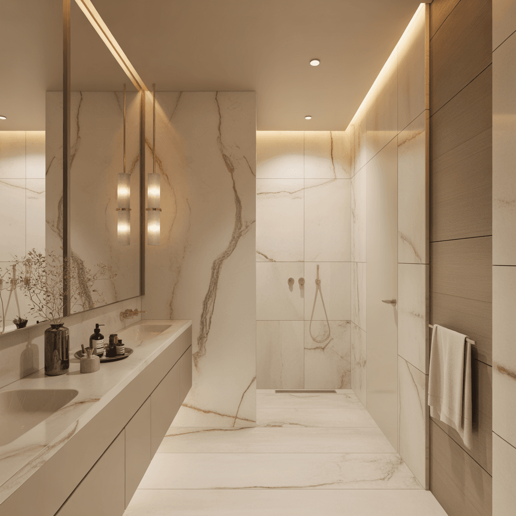 Modern luxury bathroom with soft marble wall veining