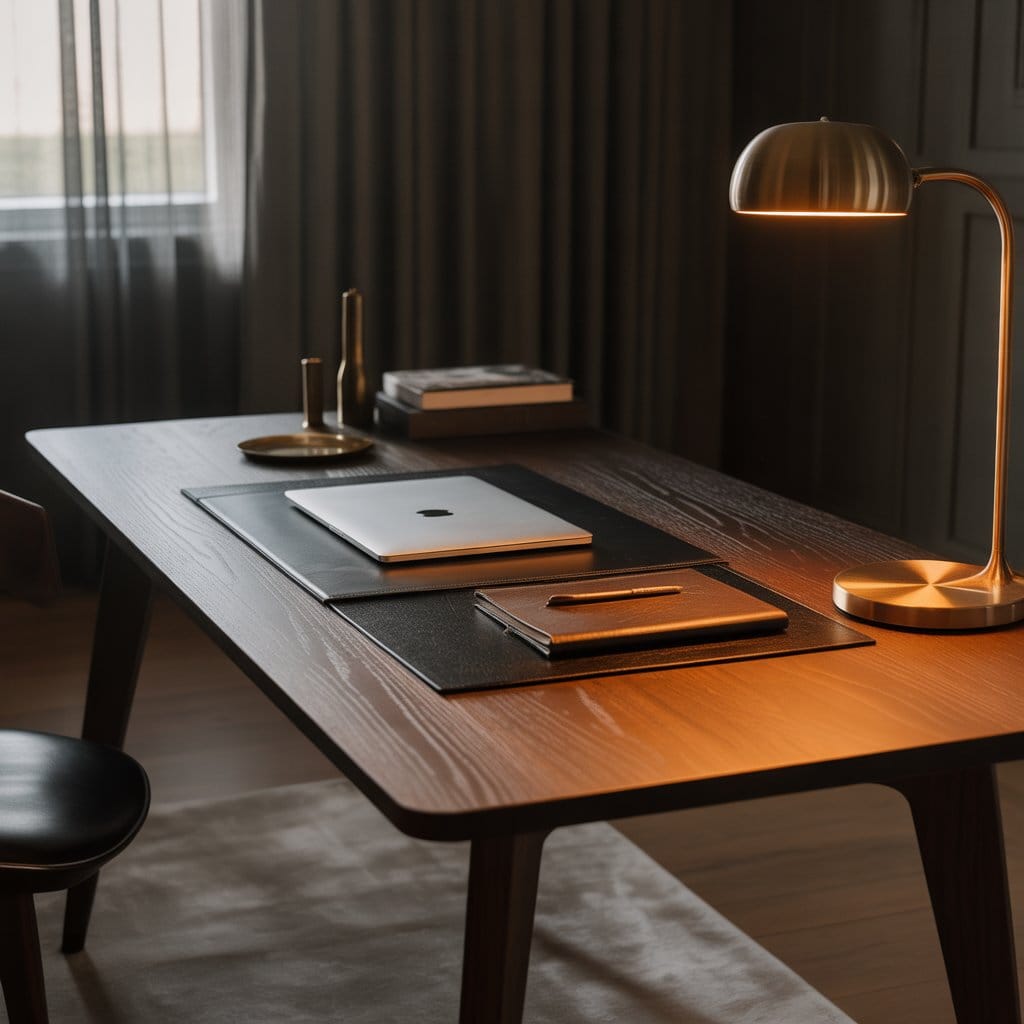 Moody home office decor with dark wooden desk
