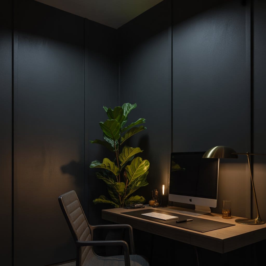 Moody home office decor with greenery