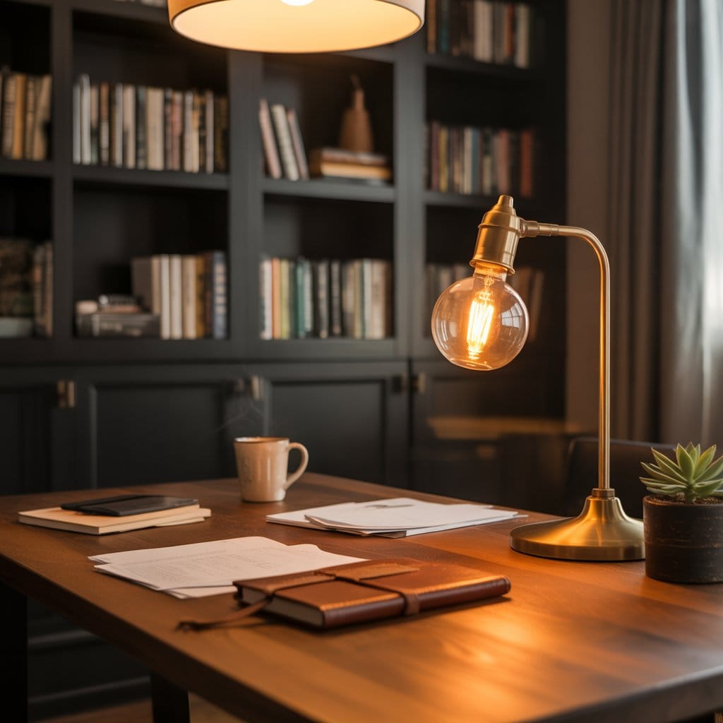 Moody home office idea using warm layered lighting