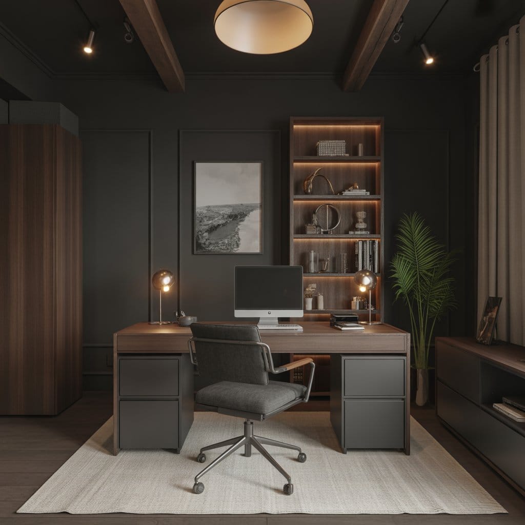 Moody home office idea with dark wall color