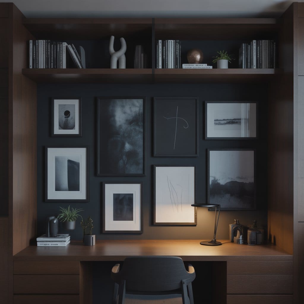 Moody home office idea with styled backdrop wall