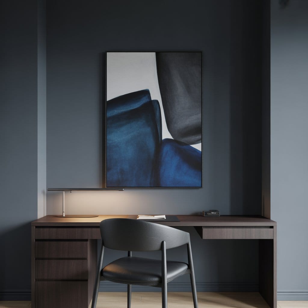 Moody home office styling with minimal decor