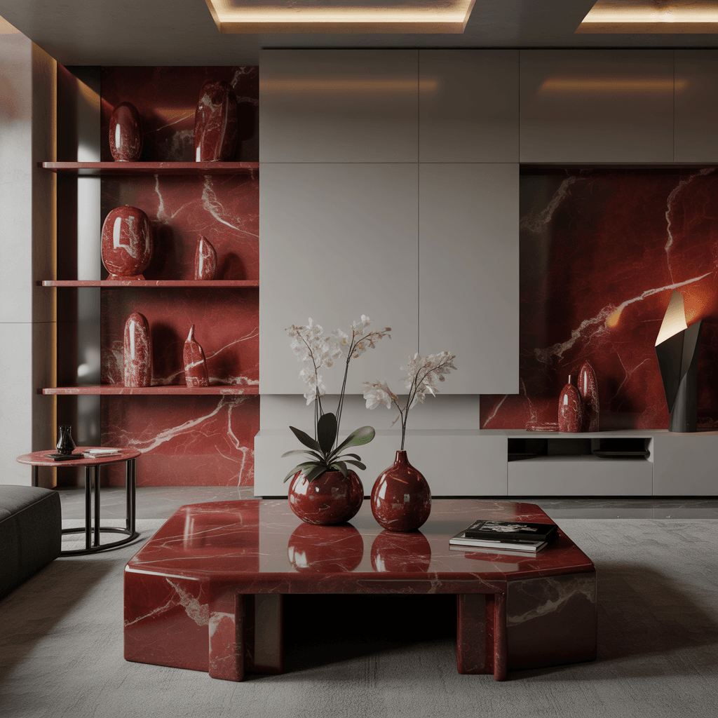 Red marble inspired decor DIYs in a bold modern interior