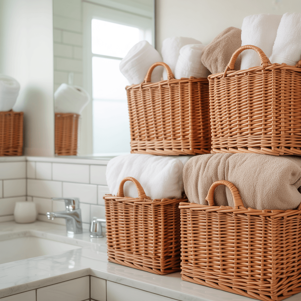 Stackable basket towel storage bathroom