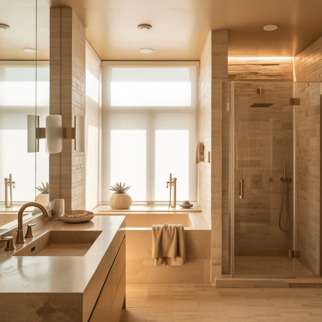 Warm neutral tones in a modern luxury bathroom design