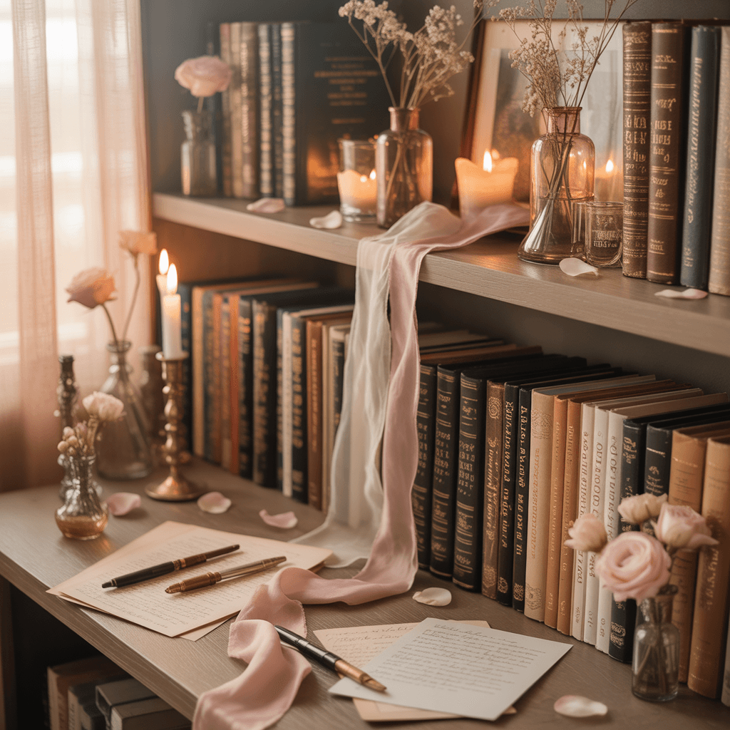 final look of DIY romantic shelf styling with poetcore vibes