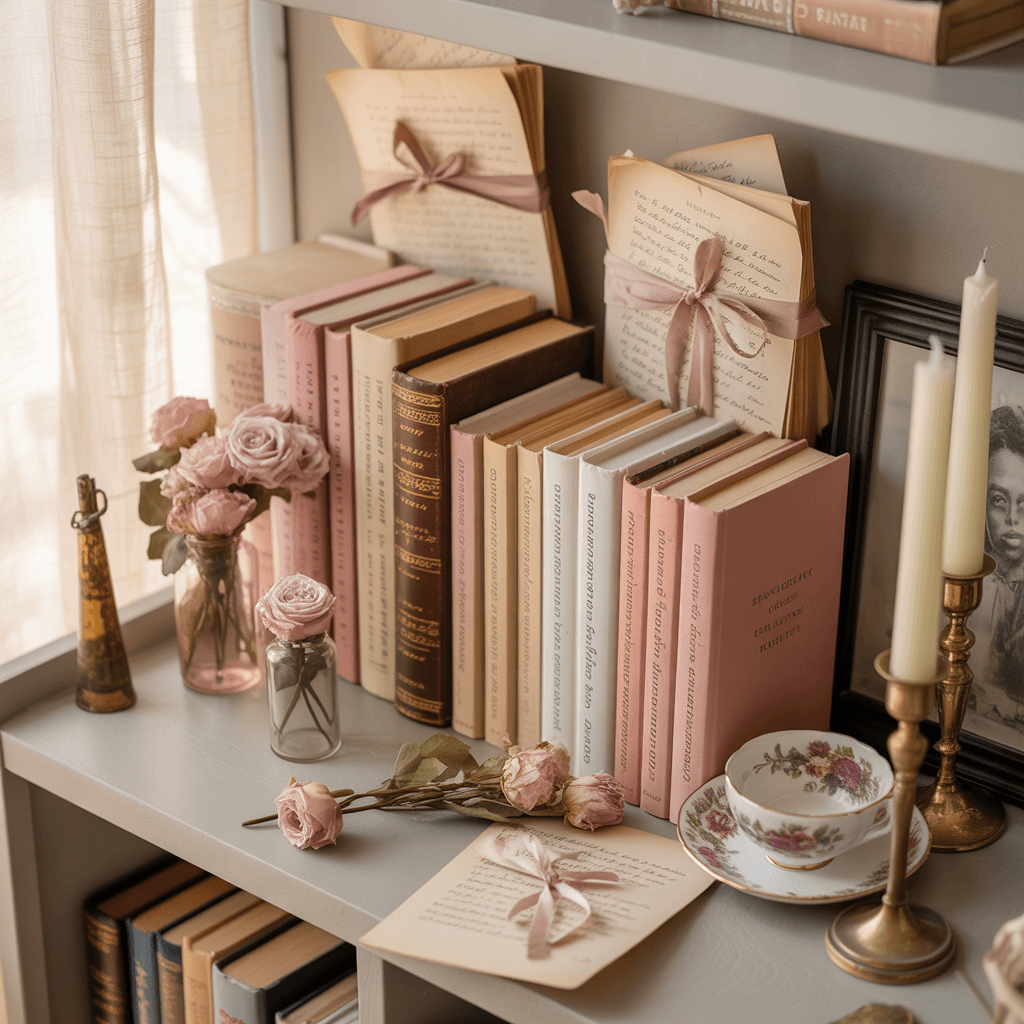 renter-friendly DIY romantic shelf styling