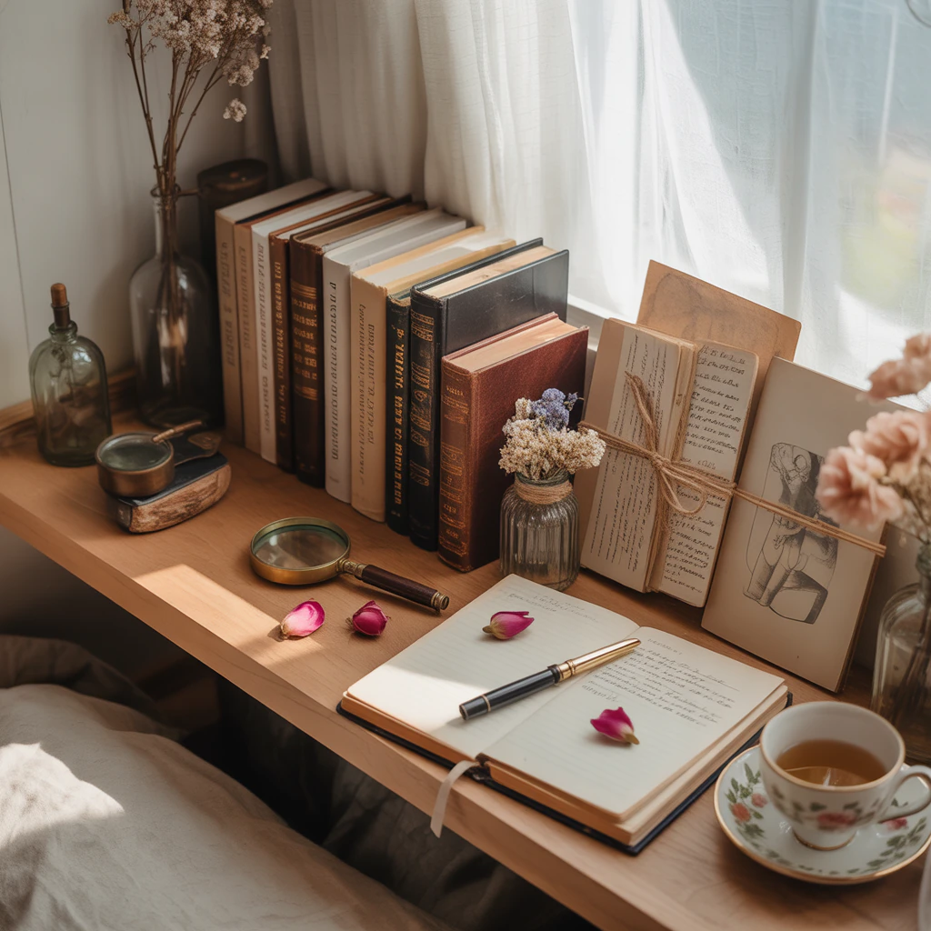 vintage shelf styling for poetcore decor